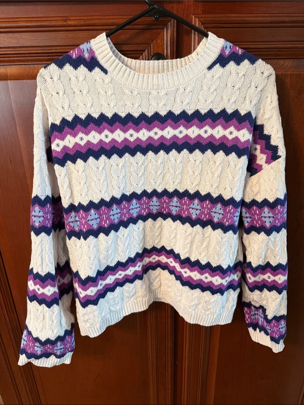 LOFT Cream Cable Knit Sweater with Purple & Navy Fair Isle Accents